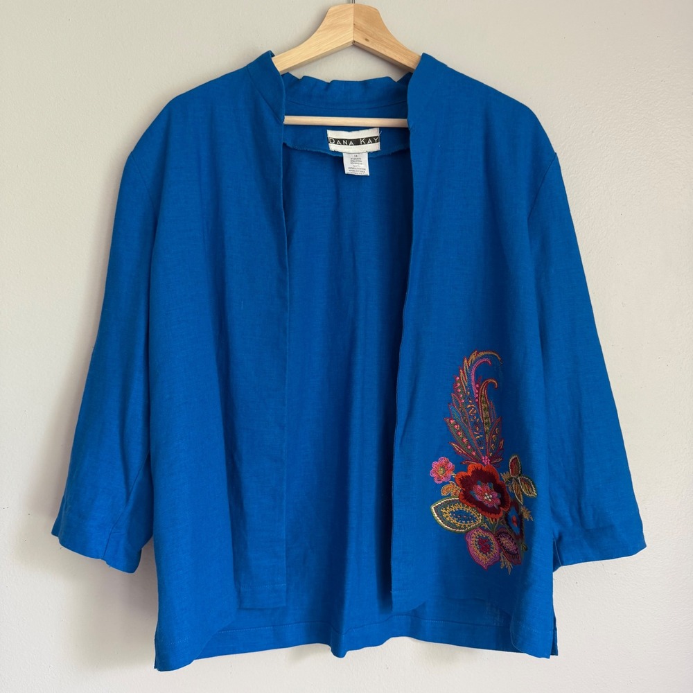 Vintage Dana Kay Blue Linen Blend Embroidered Floral Open Front Jacket Womens 14